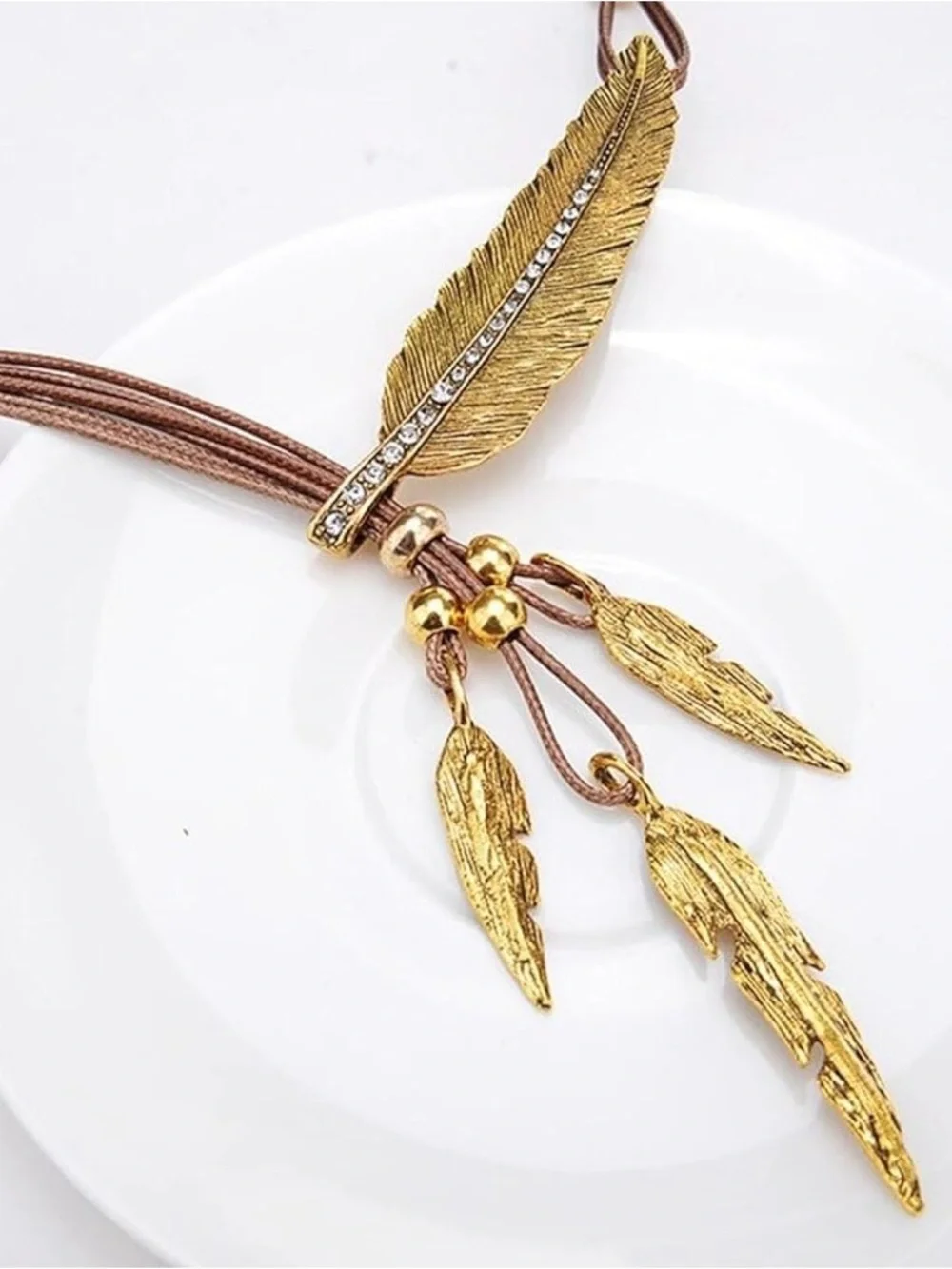 Bohemian Gold Feather Pendant Necklace with Brown Cord